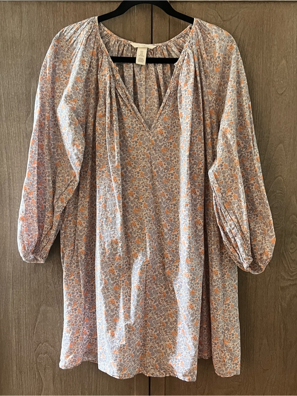 Women's Floral V-Neck Peasant Dress in Soft Orange and Cream Floral Print